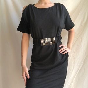 New York and Company Stretch Mini Black Dress with Keyhole Cutouts & Gold Zipper